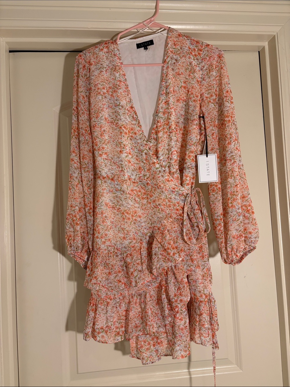 1. State Peach Floral Wrap Mini Dress
